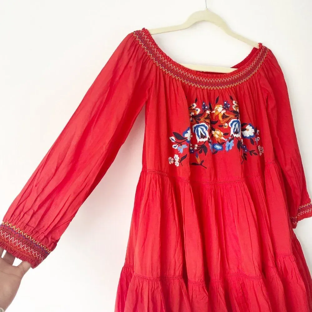 Free People Bright Red Floral Embroidered Off Shoulder Sunbeams Mini Dress S